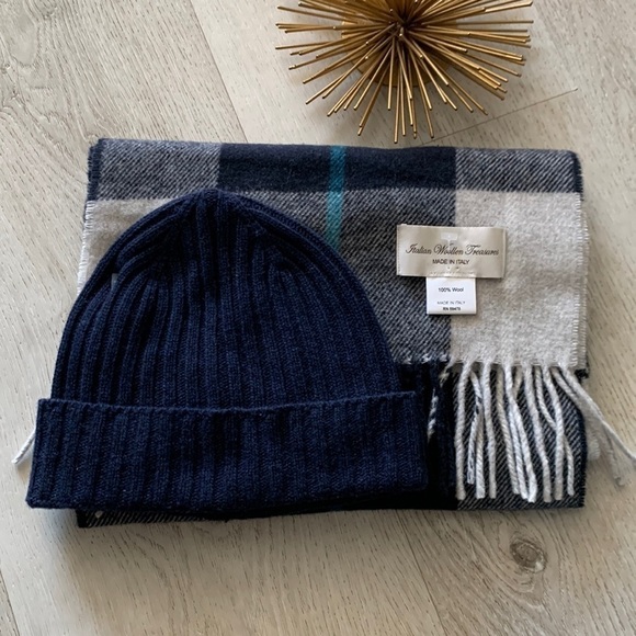 ITALIAN WOOLEN TREASURES Scarf 100% & beanie wool made in Italy navy plaid NWOT - Picture 1 of 6